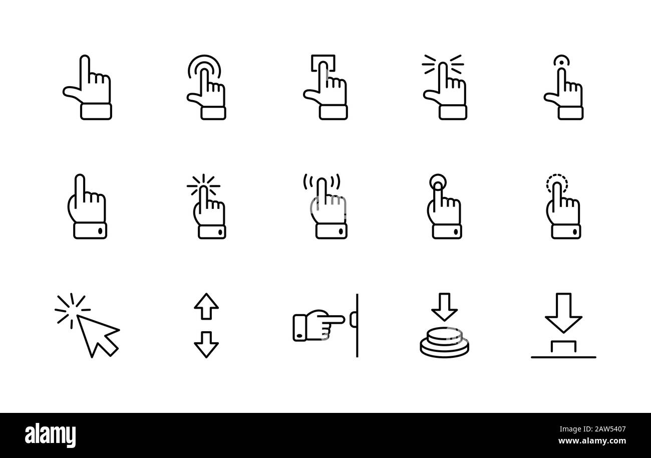Klicken Sie auf Einen Satz Schaltflächen mit Vektorsymbolen. Enthält Symbole wie Cursor, Maus, Hand, Zeigefinger, Pfeil und mehr. Bearbeitbarer Strich. 32 x 32 Pixel Stock Vektor