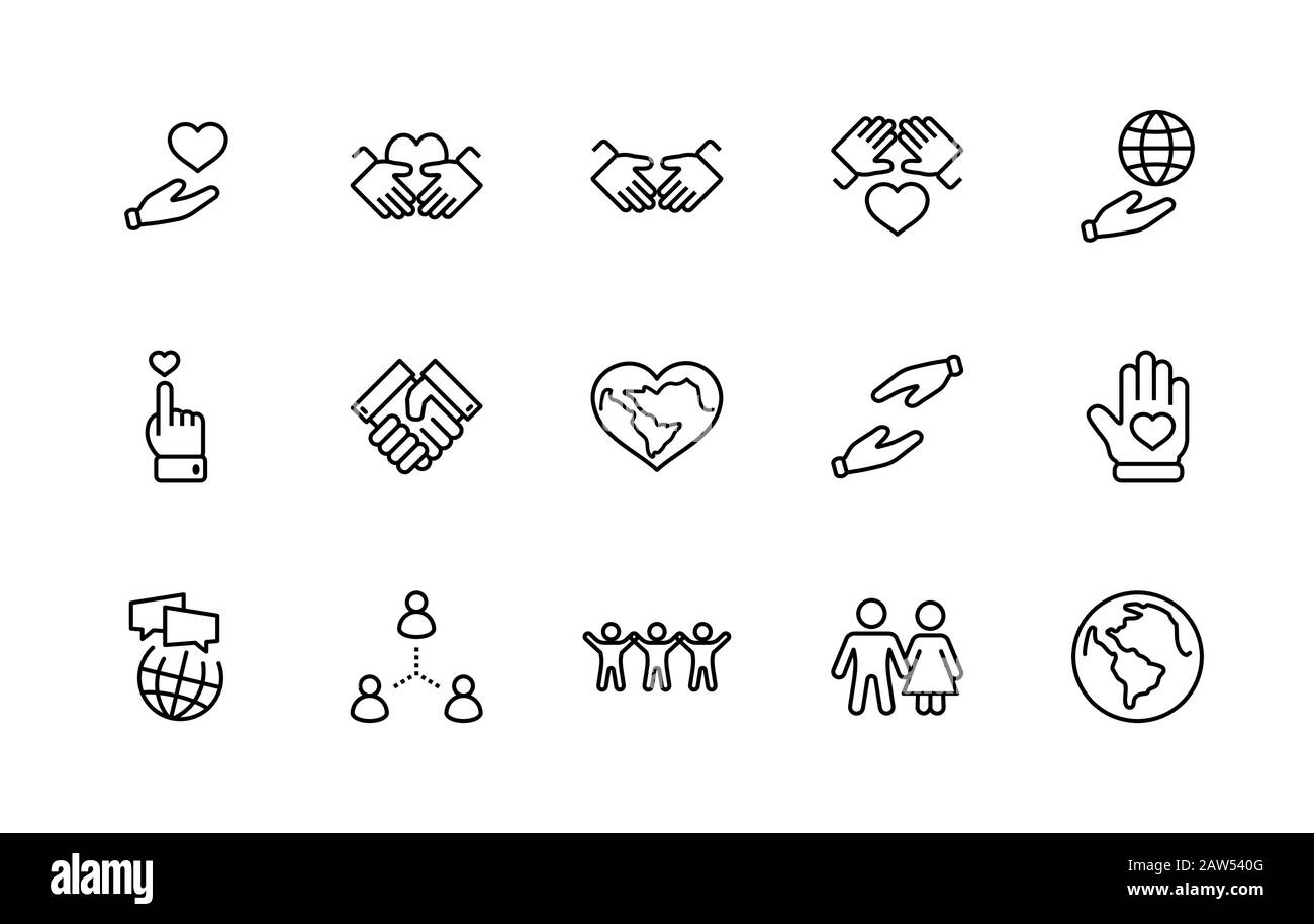 "International Day of Human Solidarity Line Vector Icons Set". Enthält Symbole wie Handshake, Herz, Planet Erde, helfende Hand, Menschen und mehr Stock Vektor