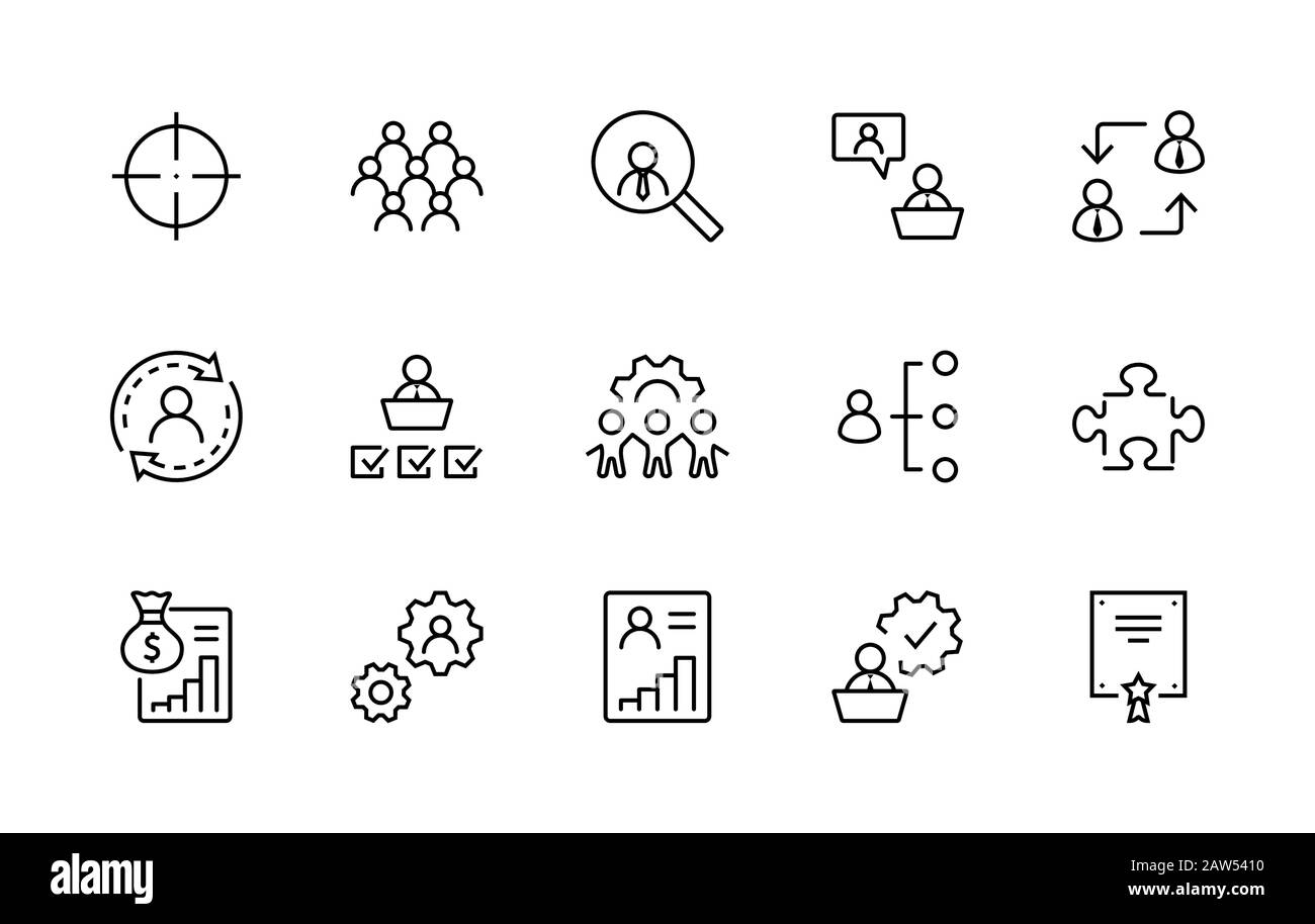 Satz von Vektor-Liniensymbolen Mit Bezug Zur Personenverwaltung. Enthält Symbole wie Target, Puzzle, Certificate, Personal Data Processing, Task Manager Stock Vektor