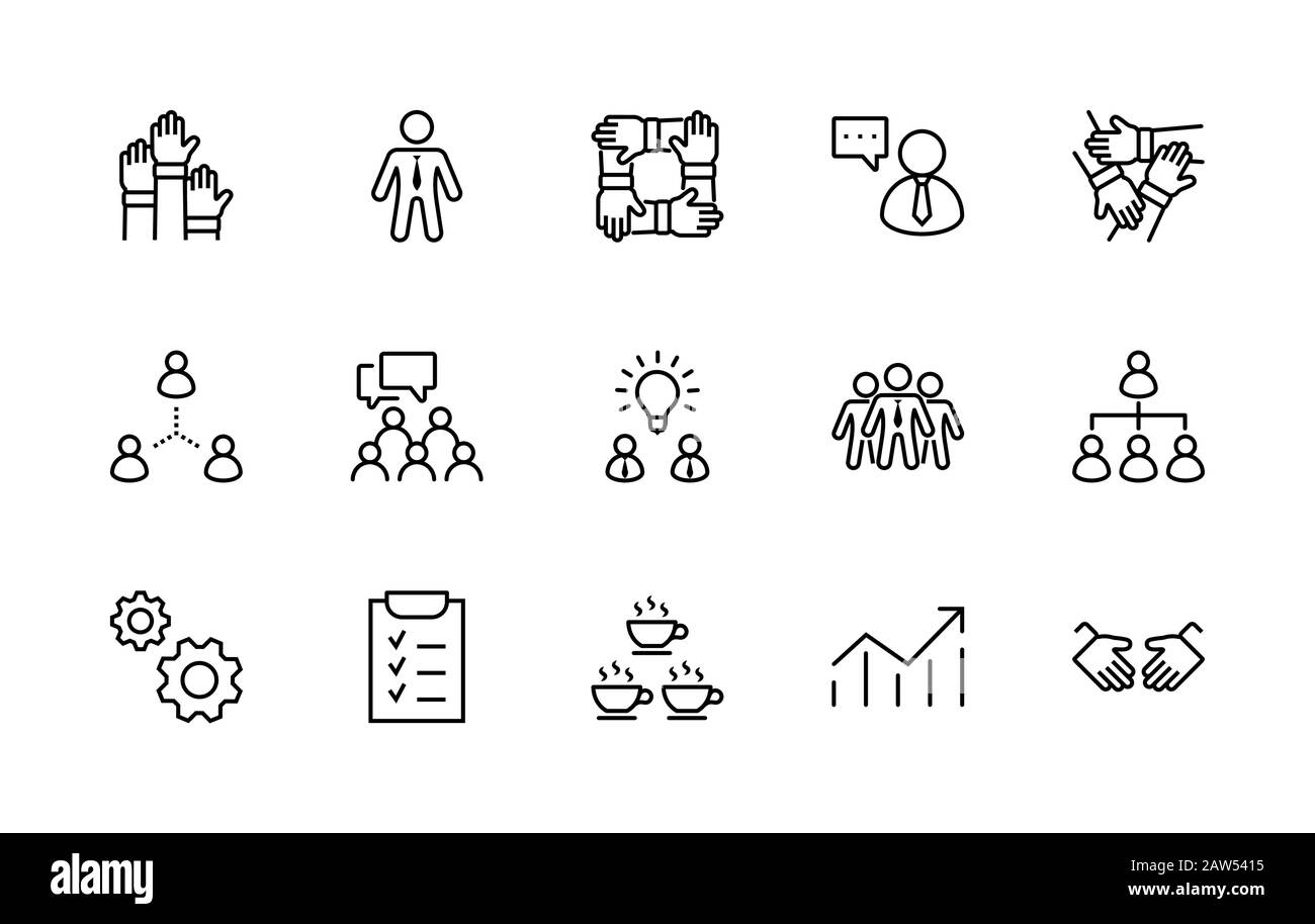Satz der Symbole Für Teamarbeitsbezogene Vektorlinien. Enthält Symbole wie Handshake, Check, Idea, Coffee, Gears, Cooperation, Collaboration, Teambesprechung und Stock Vektor