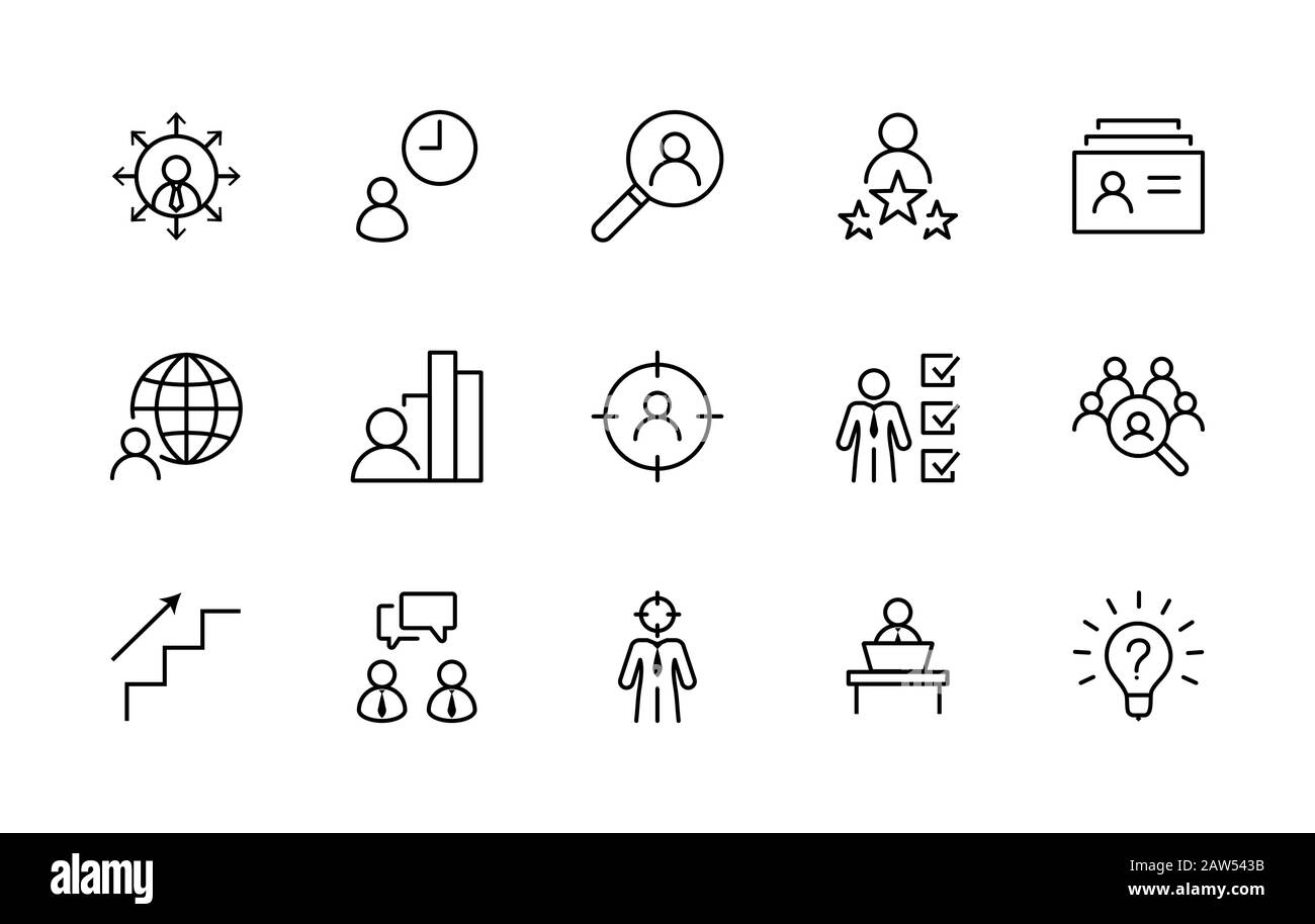 Set mit Symbolen Für die Vektorlinie für die Kopfjagd. Enthält Symbole wie Karrierewachstum, Glühbirne, Kandidat, Suche, CV, Kartenindex, Outsourcing und mehr Stock Vektor