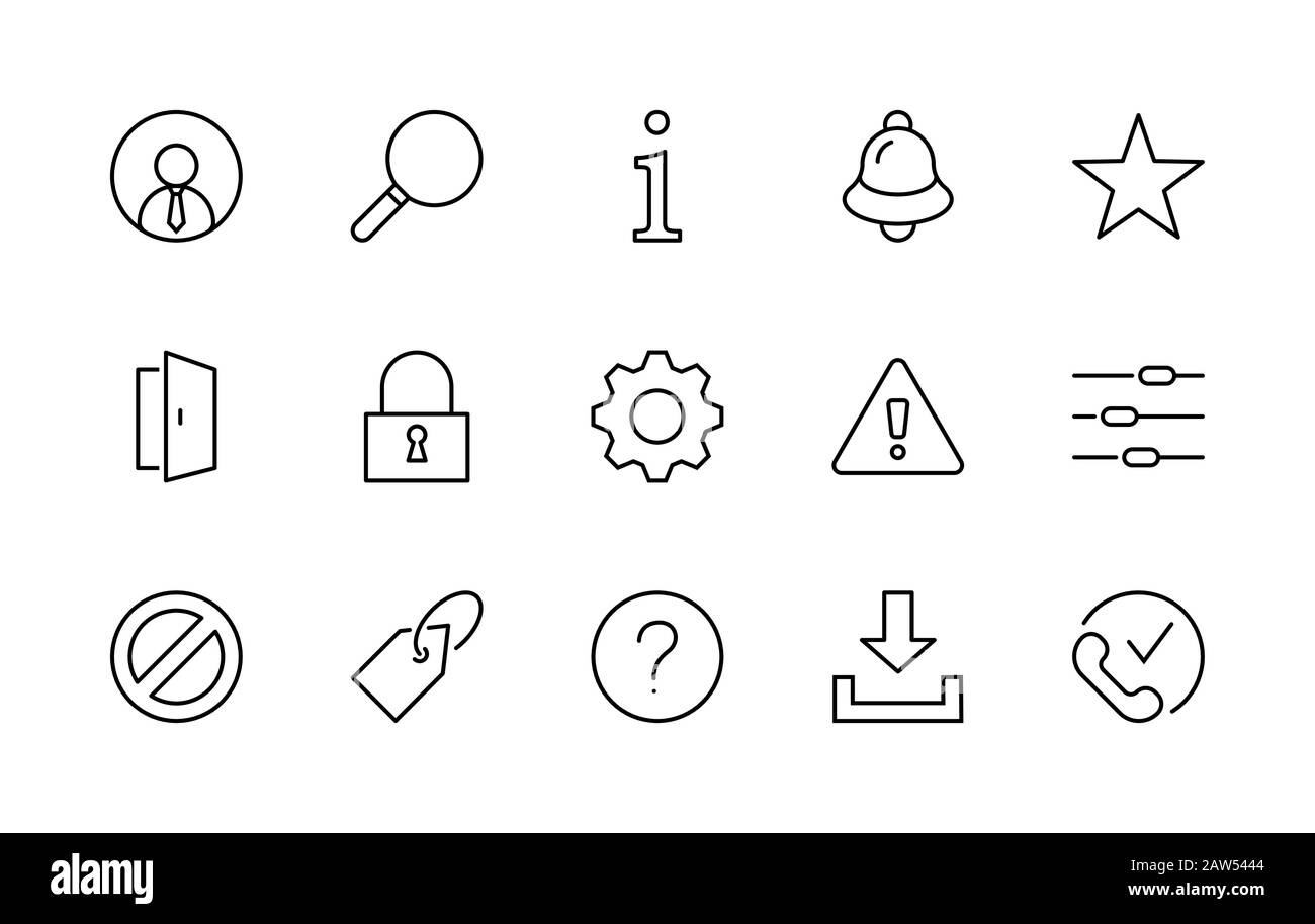 Satz der Schnittstellenbezogenen Vektorliniensymbole. Enthält Symbole wie Benutzer, Suche, Info, Stern, Glocke, Tür, Einstellungen, Schloss, Alarm, Zahnrad und mehr Stock Vektor