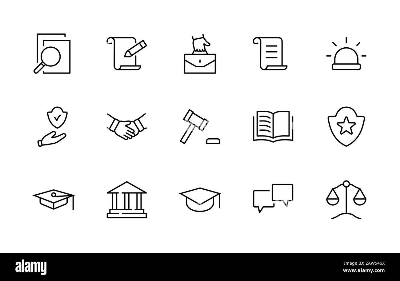 Set of Law and Justice Vector Line Icons. Enthält Symbole wie Waffe, Verhaftung, Autorität, Gerichtsgebäude, Gavel, Recht, Waffe und mehr. Bearbeitbarer Strich Stock Vektor