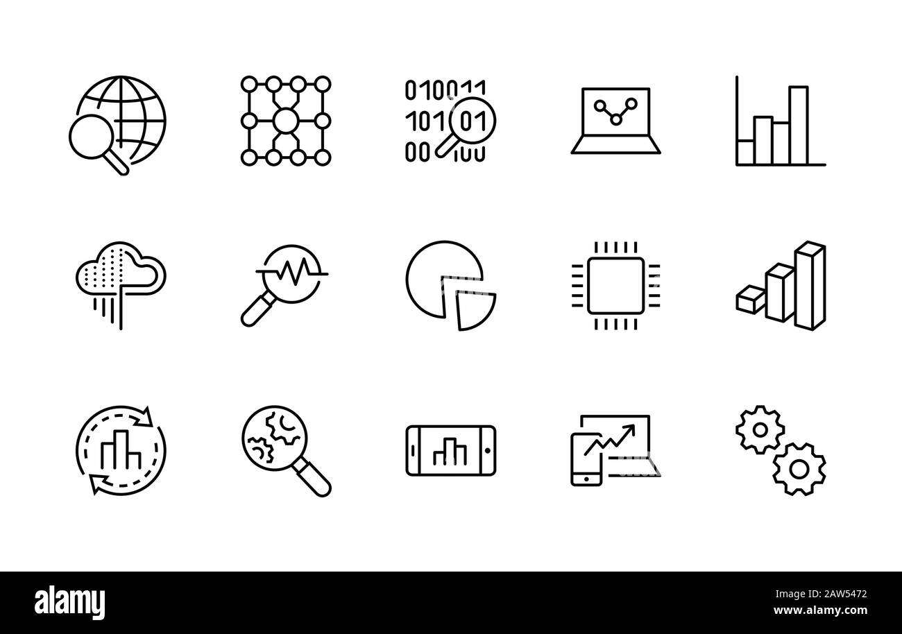 Satz von Technologiebezogenen Vektorliniensymbolen für Die Datenanalyse. Enthält Symbole wie Diagramme, Suche, Diagramme, Verkehrsanalyse, Big Data und mehr Stock Vektor