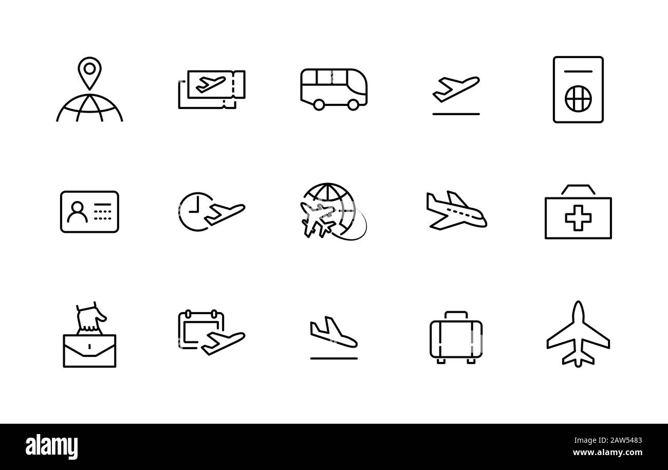 Satz von Flughafensbezogenen Vektorliniensymbolen. Enthält Symbole wie Globe, Abflug, Flugzeug, Bus, Tickets, Gepäckausgabe, Kalender, Kit und mehr Stock Vektor