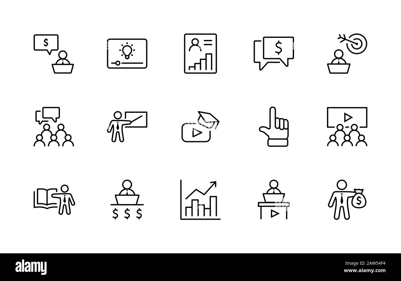 Satz der Symbole Für die Vektor-Linie für Business-Schulungen. Enthält Symbole wie Lehrer, Klasse, Präsentation, Video, Buch, Mentoring, Ziel und mehr Stock Vektor