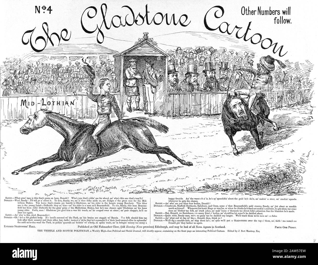 1879, GROSSBRITANNIEN: EINE politische Karikatur, die eine Menschenmenge zeigt, die eine Horserei zwischen Lord Rosebery und Benjamin Disraelis als Vertreter der Midlothia beobachtet Stockfoto