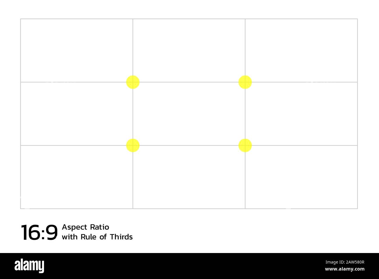 Seitenverhältnis von 16:9 mit Rule of Thirds Template. Die meisten bevorzugten Abmessungen der Bildschirmanzeige als Fernseher und Smartphone. Vektordarstellung mit l Stock Vektor