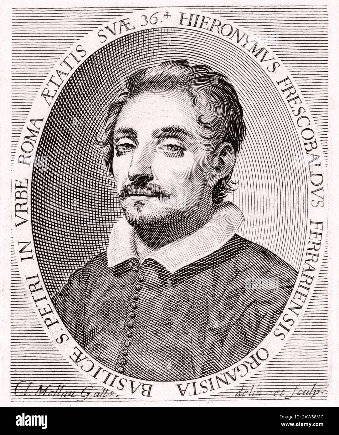 1619, ROMA, ITALIEN: Der gefeierte italienische Musikopernkomponist und Organist GIROLAMO FRESCOBALDI (* 1583; † 1643). Porträt mit französischer Farbe eingraviert Stockfoto