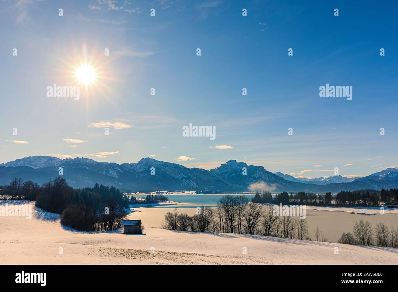 Winter am Forggensee im Allgau, Bayern, Deutschland. Stockfoto