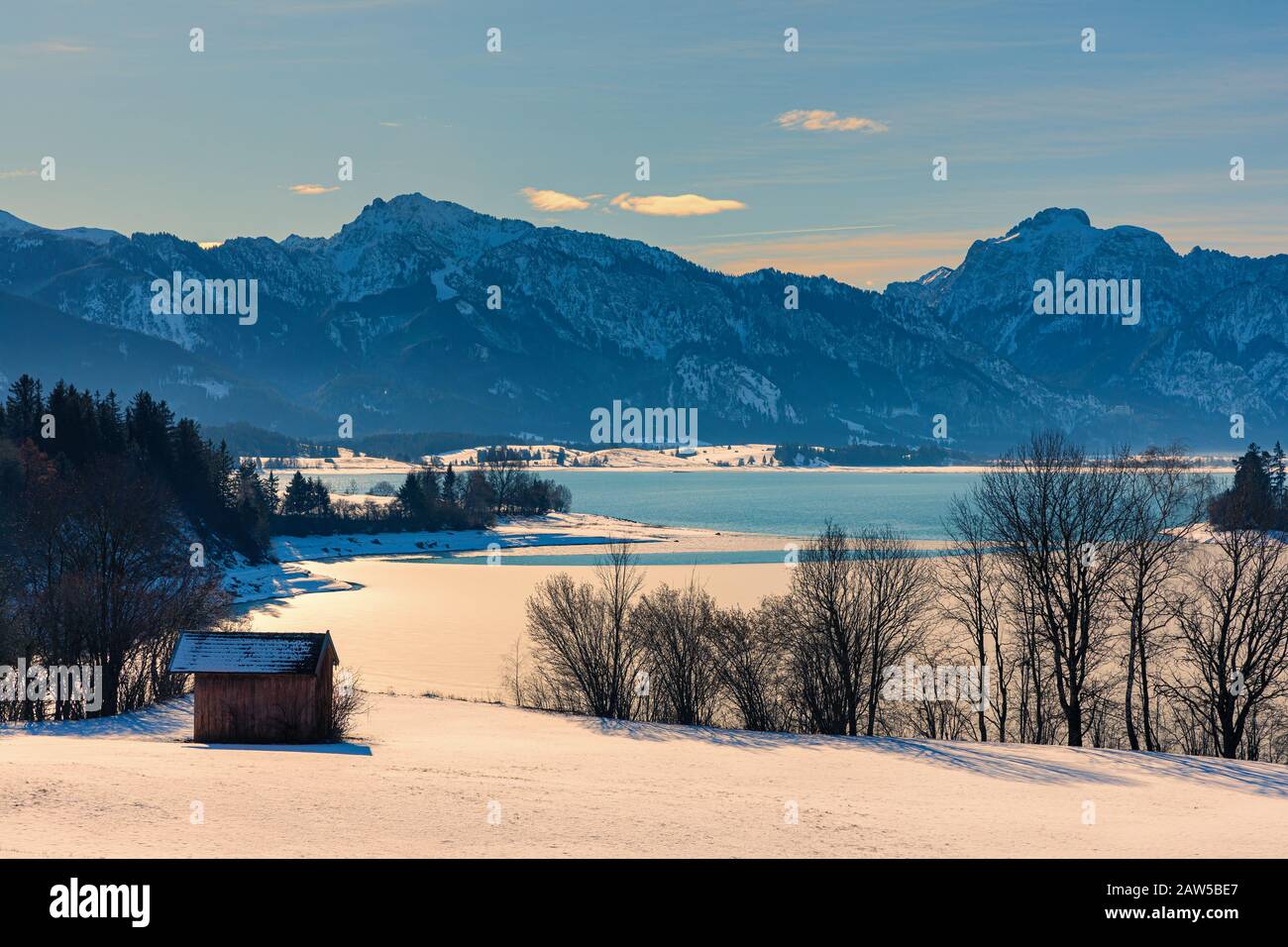 Winter am Forggensee im Allgau, Bayern, Deutschland. Stockfoto