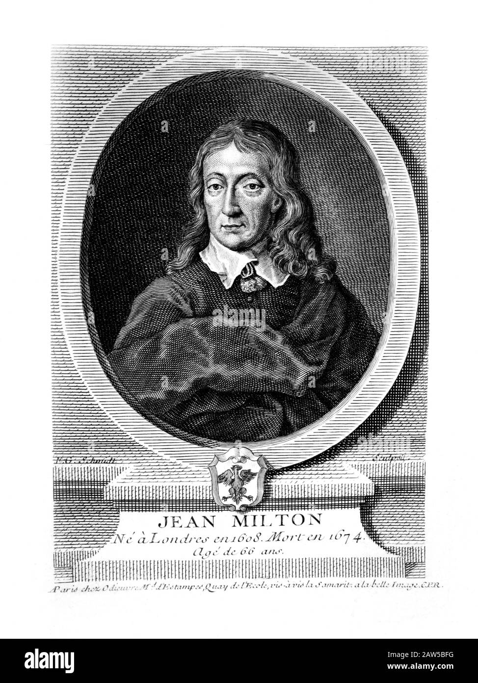 1.650 Ca, GROSSBRITANNIEN: Der britische Dichter und Polemist JOHN MILTON (* 1608 in London; † 1674 in London). Porträtgravur Frankreich, 1780-880 . Autor des Gedichts THE LOST EDEN Stockfoto