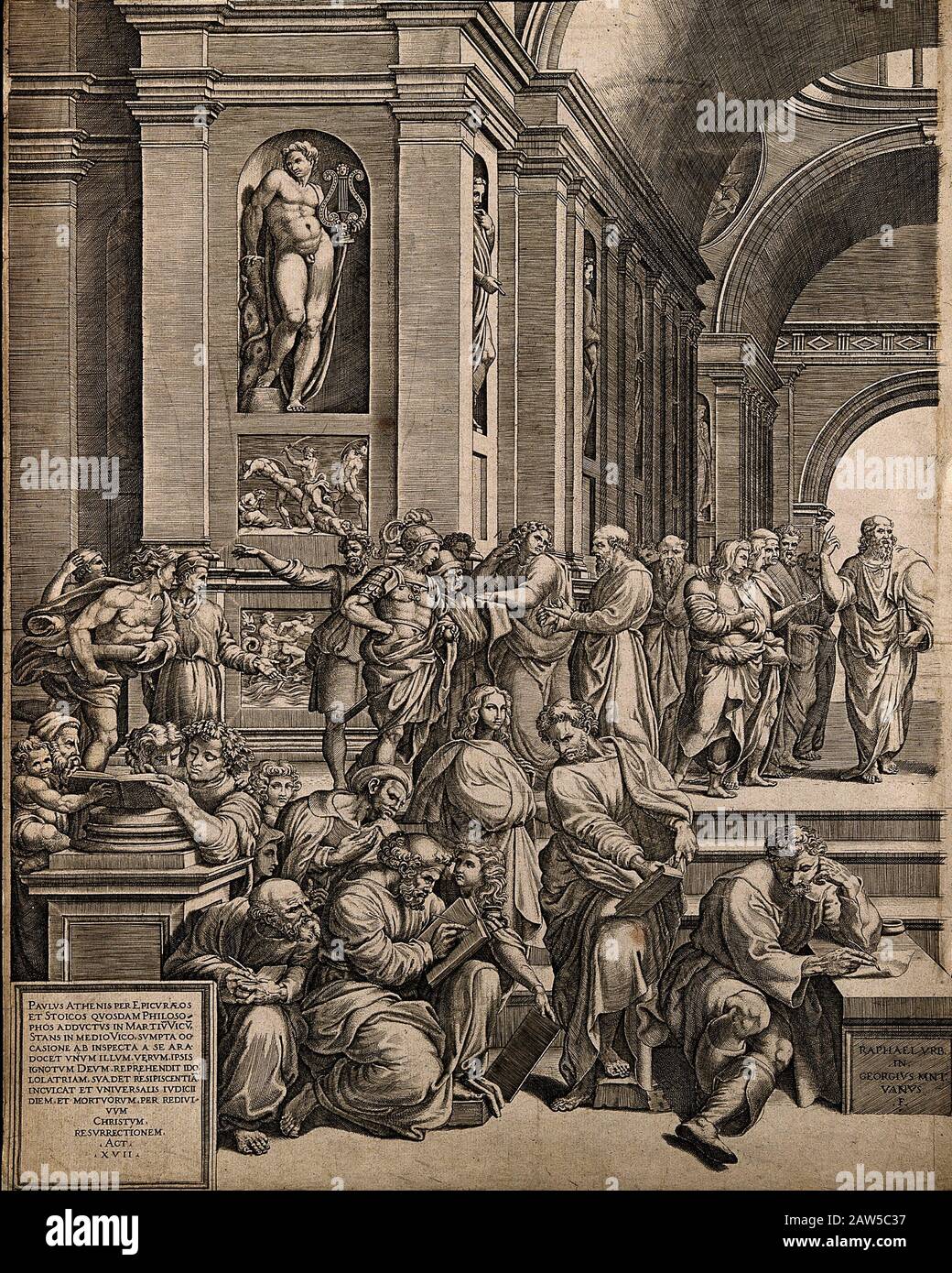 1540, ITALIEN: Die Schule von Athen: Eine Sammlung von Renaissance-Künstlern im Gewand von Philosophen aus der Antike, in einem idealisierten klassischen Interio Stockfoto