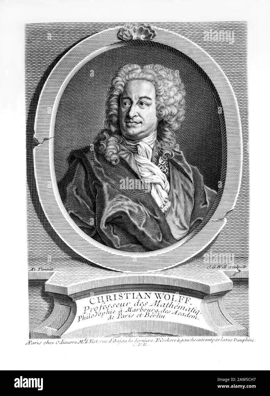 1.740 ca. , DEUTSCHLAND : Der gefeierte deutsche Mathematikhistoriker und Philosoph CHRISTIAN WOLFF (* 1679 in Berlin; † 1754 in Berlin) . Von Johann Georg Wille graviertes Porträt ( 1 Stockfoto