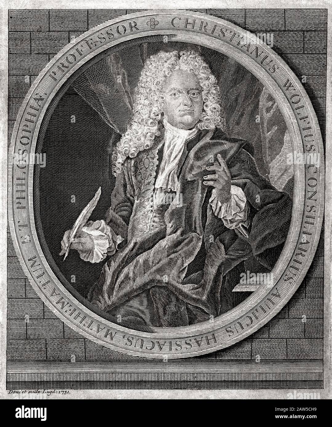 1731. , DEUTSCHLAND : Der gefeierte deutsche Mathematikhistoriker und Philosoph CHRISTIAN WOLFF (* 1679 in Berlin; † 1754 in Berlin) . Das von Daudet .Wolff gravierte Porträt war der mos Stockfoto
