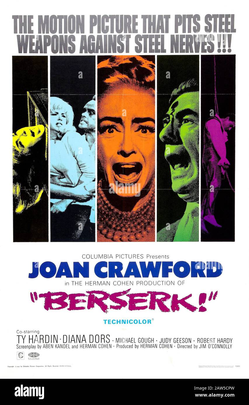 1967, USA: Das Original-US-Poster, das für den Film mit JOAN CRAWFORD, Diana Dors und Ty Hardin mit dem Titel BERSERK (alias Circus of Terror - Stockfoto