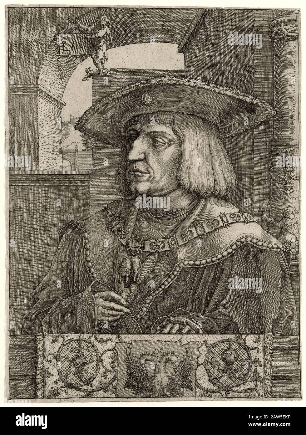 1520, ÖSTERREICH: Der heilige römische Kaiser Maximilian I. von Österreich (* 1459; † 1519). Porträtgravur von Lucas van Leyden ( ca. 1494 - 1533 ), 1520 . AB Stockfoto