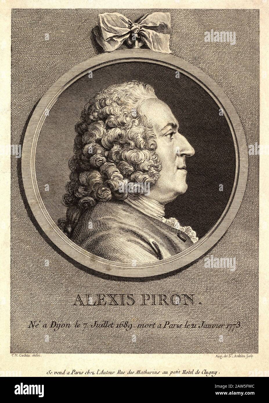 Im Jahre 1780-770 wurde Der französische libertine Dichter ALEXIS PIRON (* 1689 in Paris; † im Jahre 15788 in Frankreich), das von der Auguste-Saint-Aubin eingravierte Porträt, aus dem Originalporträt Stockfoto