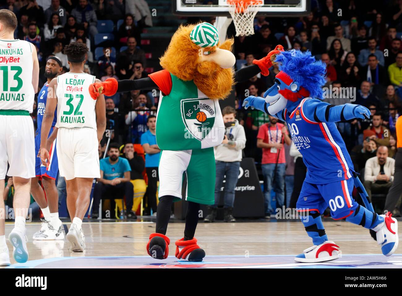 Istanbul/TÜRKEI - 7. FEBRUAR 2020: Die Mannschaftsmaskotten von Zalgiris Kaunas "The Zalgirinis" und Anadolu Efes "The Caylak" während des Basketballspiels der Euroleague 2019-20 Runde 24 zwischen Anadolu Efes und Zalgiris Kaunas im Sinan erdem Dome. Stockfoto