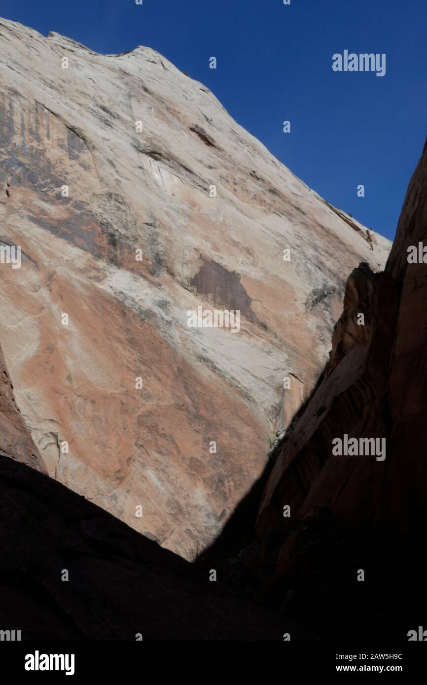 Schiere Wand aus sonnenbeschienenem Navajo-Sandstein aus tief in einem Schlitzschlucht. Stockfoto