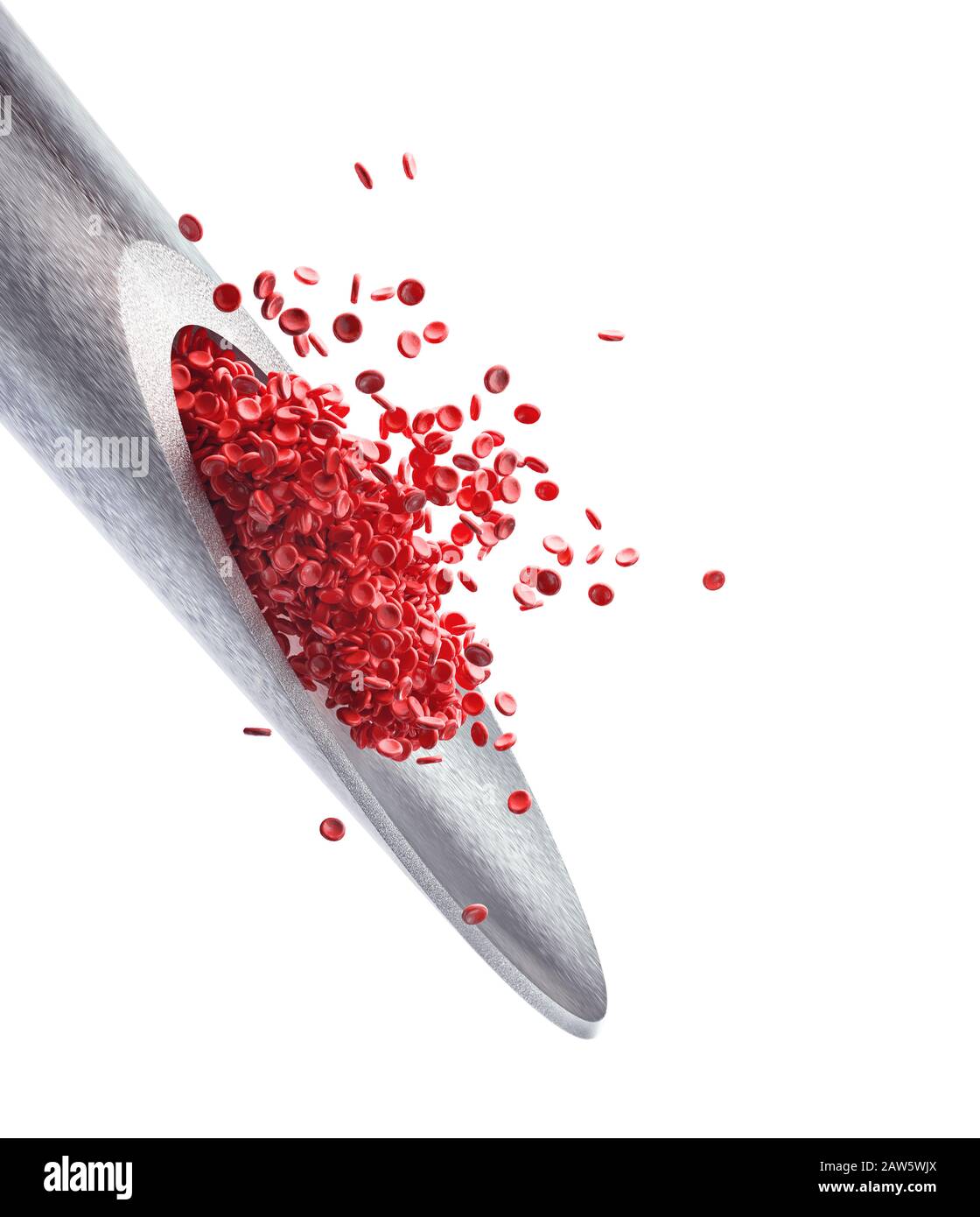 Injektionsnadel mit roten Blutkörperchen, die aus der Spitze hervorstehen. 3D-Illustration, Konzeptbild der Medizin und wissenschaftliche Studien. Beschneidungspfad inklusive Stockfoto