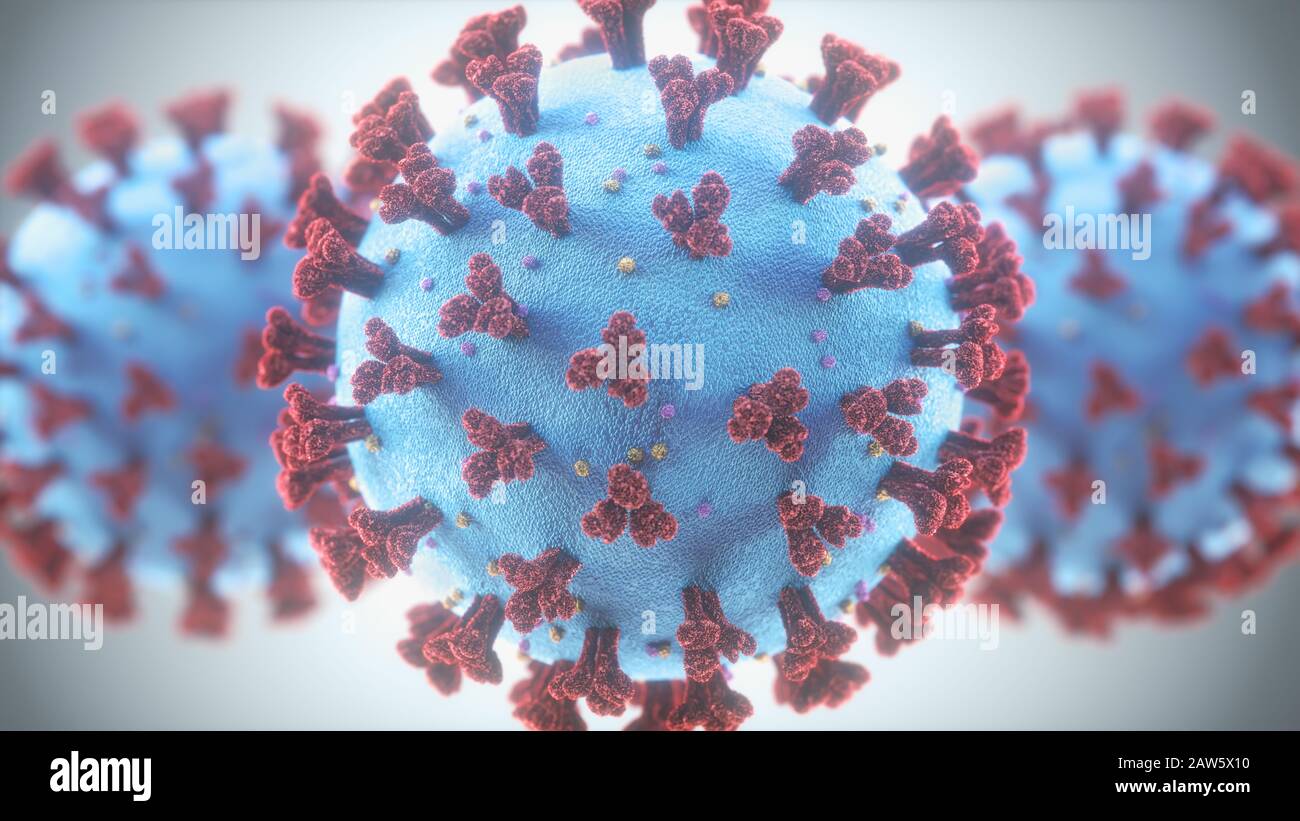 Coronavirus, eine Gruppe von Viren, die bei Säugetieren und Vögeln Krankheiten verursachen. Beim Menschen verursacht das Virus Atemwegsinfektionen. 3D-Abbildung. Stockfoto