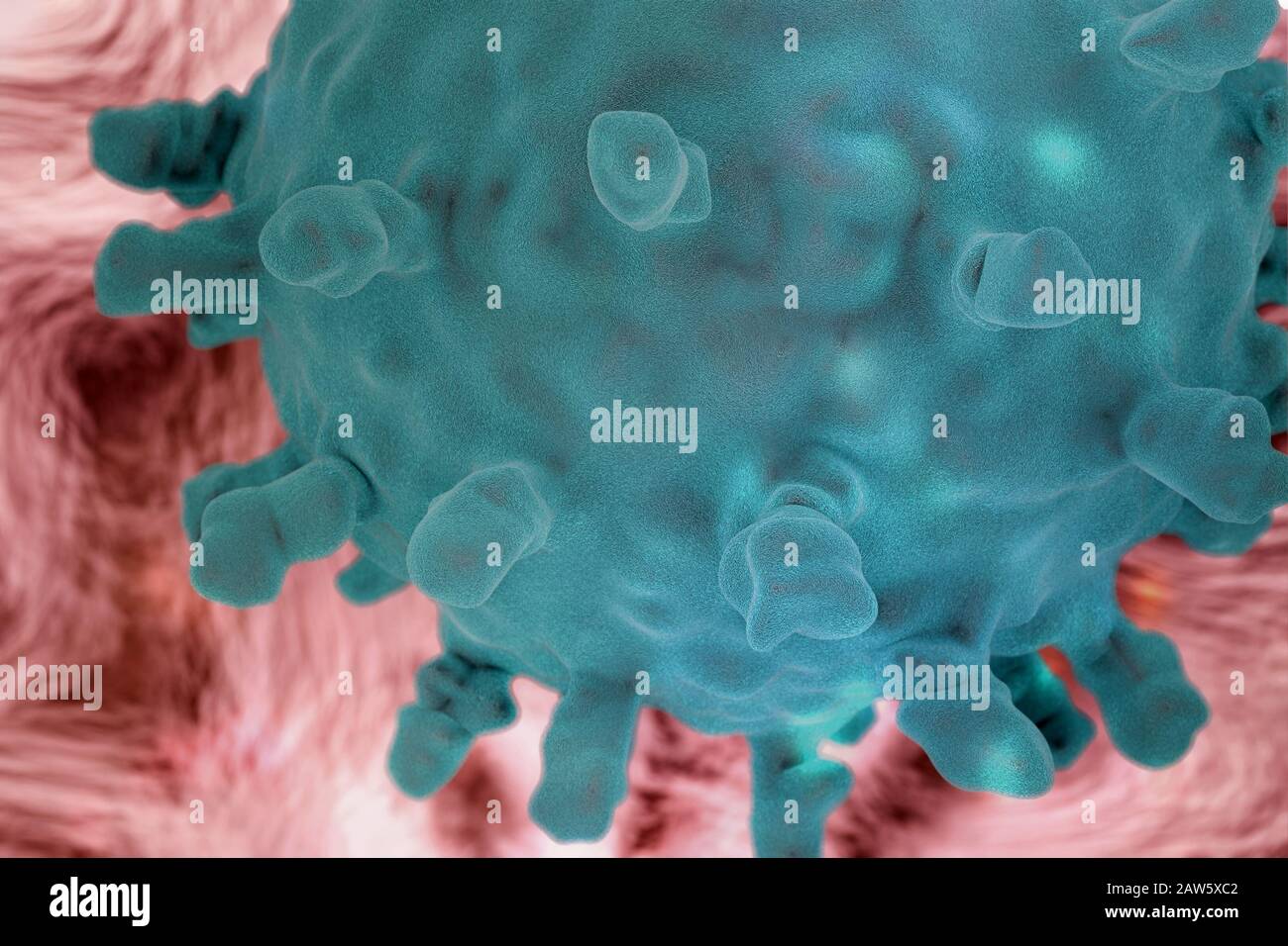 Wissenschaftliche Darstellung des Corona-Virus, 3D-Rendering auf der Grundlage mikroskopischer Bilder des Virus Stockfoto