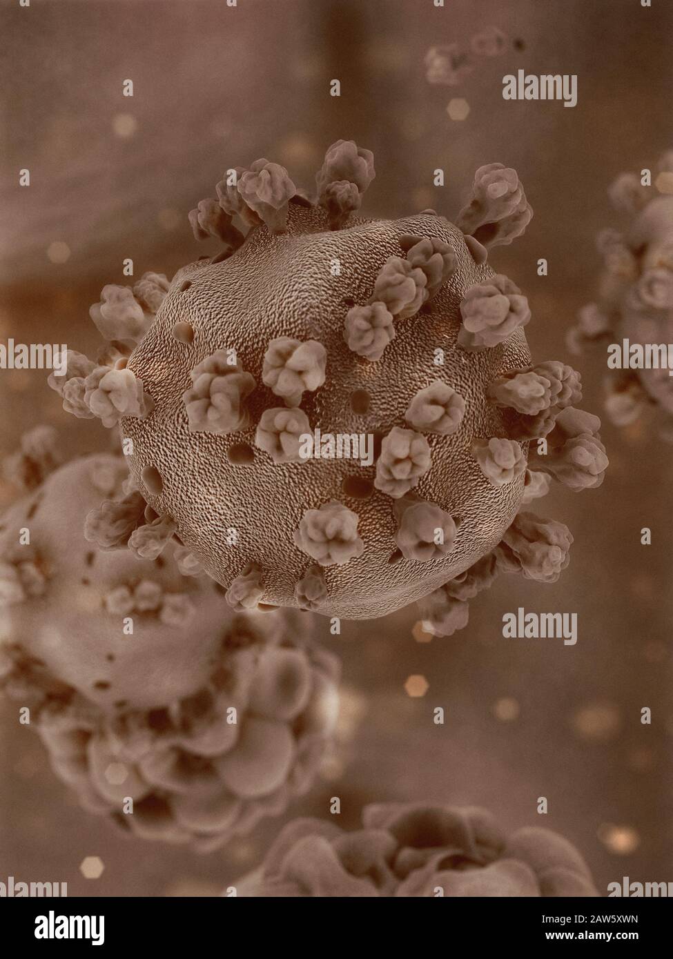Wissenschaftliche Illustration des Coronavirus aus Wuhan, China. 3D-Rendering basierend auf mikroskopischen Bildern des Virus Stockfoto