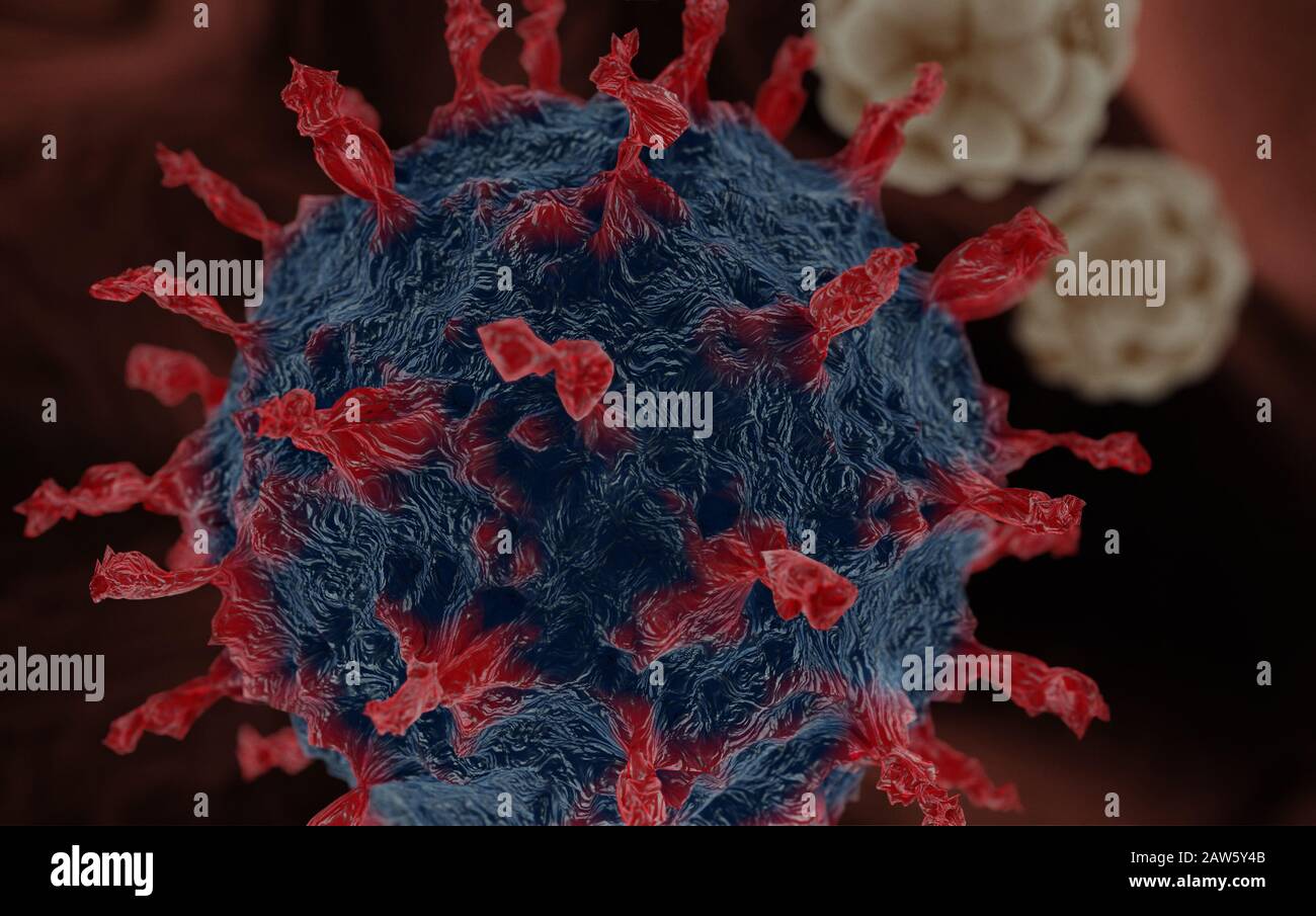Wissenschaftliche Illustration des Coronavirus aus Wuhan, China. 3D-Rendering basierend auf mikroskopischen Bildern des Virus Stockfoto