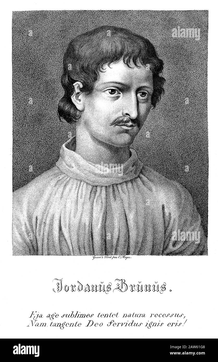 Der italienische religiöse Domenicano monch Filosopher GIORDANO BRUNO ( Nola , Bari 1548 - Roma 1600 ), graviertes Porträt von C. Mayer ( Paris , Frankreich ) Stockfoto