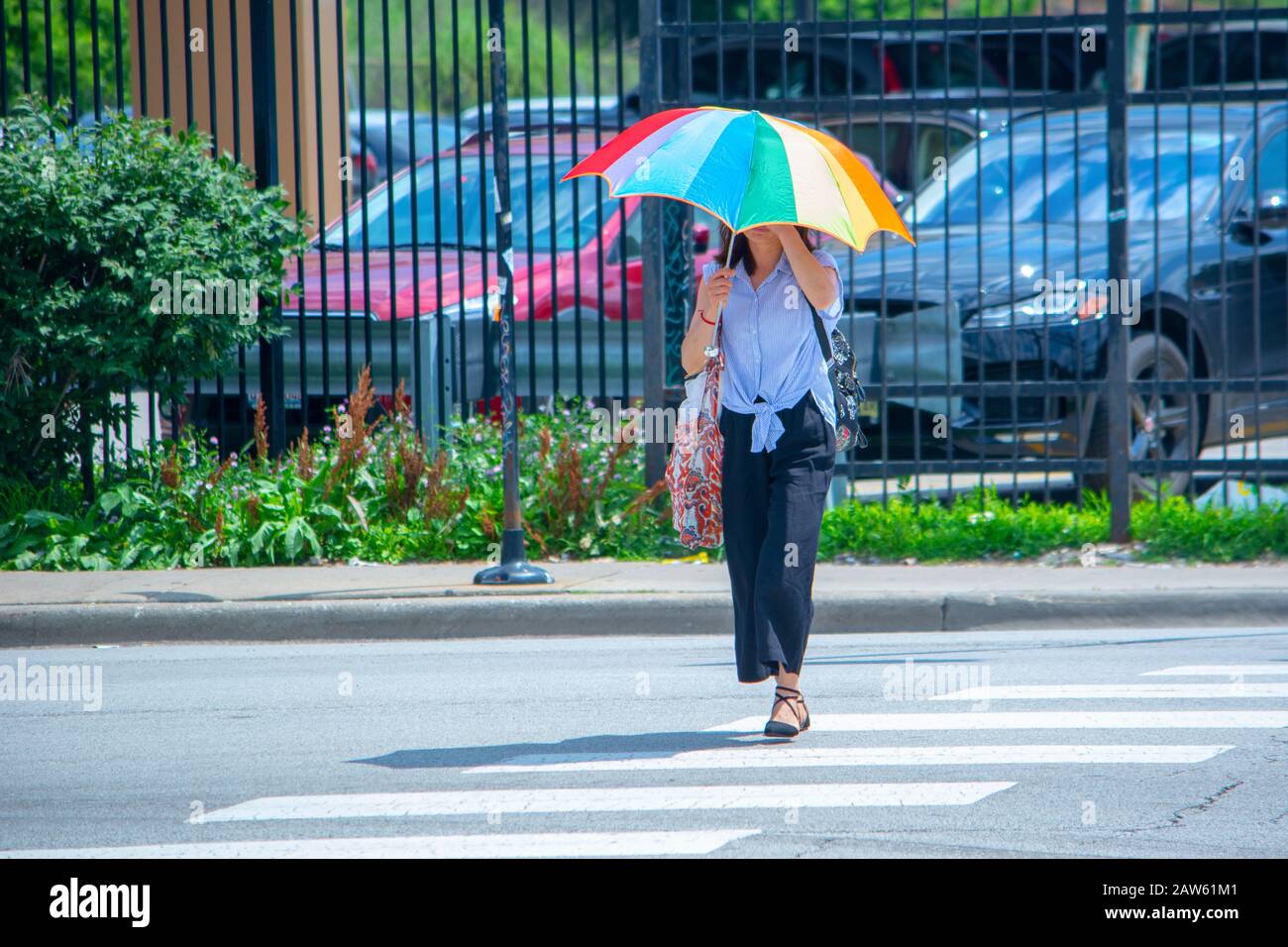 Eine junge Dame schützt sich mit einem bunten Regenbogenschirm vor den Sonnen, die sie in Chicagos Chinatown auf der Straße überquert Stockfoto