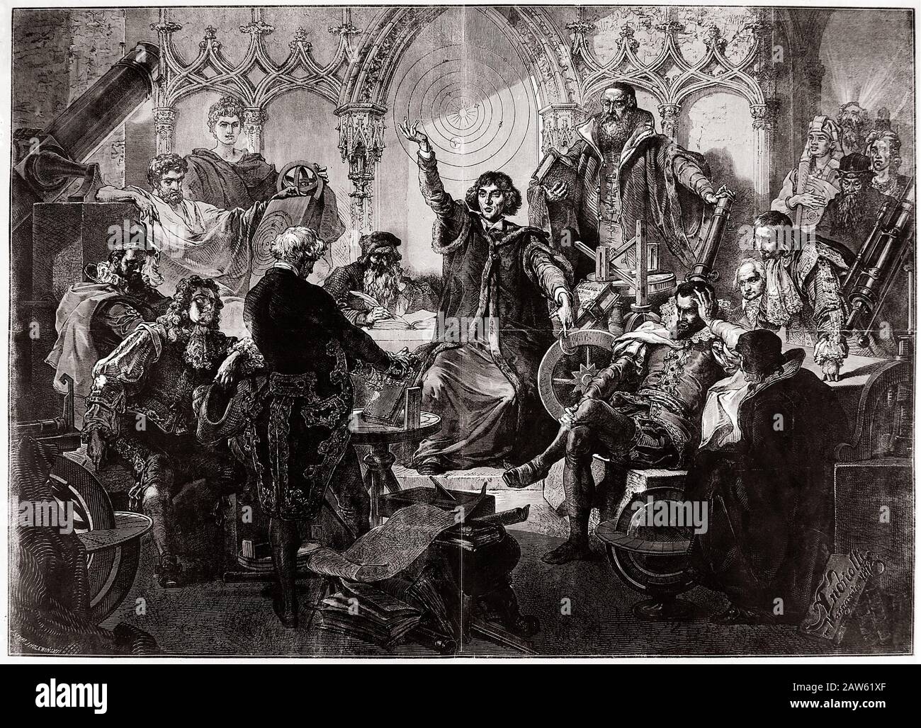 Jahrhundert: Nicolas Copernicus ( 1473 - 1543 ) hielt Vorträge, umgeben von herausragenden Astronomen, darunter Galileo Galilei, der in Verbindung gebracht wurde Stockfoto