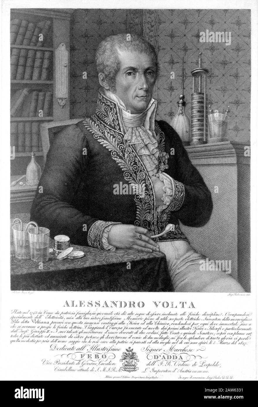 : Der italienische Physiker Graf ALESSANDRO VOLTA (* 1745 in Mailand, ITALIEN; † 187 in Rom), das von Luigi Rados eingravierte Porträt, das ursprünglich von Maler stammt Stockfoto