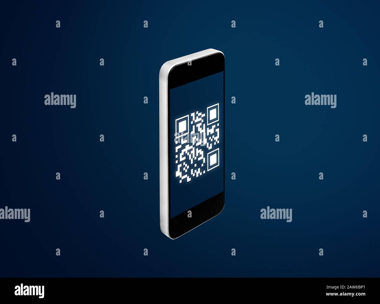 QR-Code Verification System Technologie. Smart Phone scannen QR-Code, auf blauem Hintergrund Stockfoto