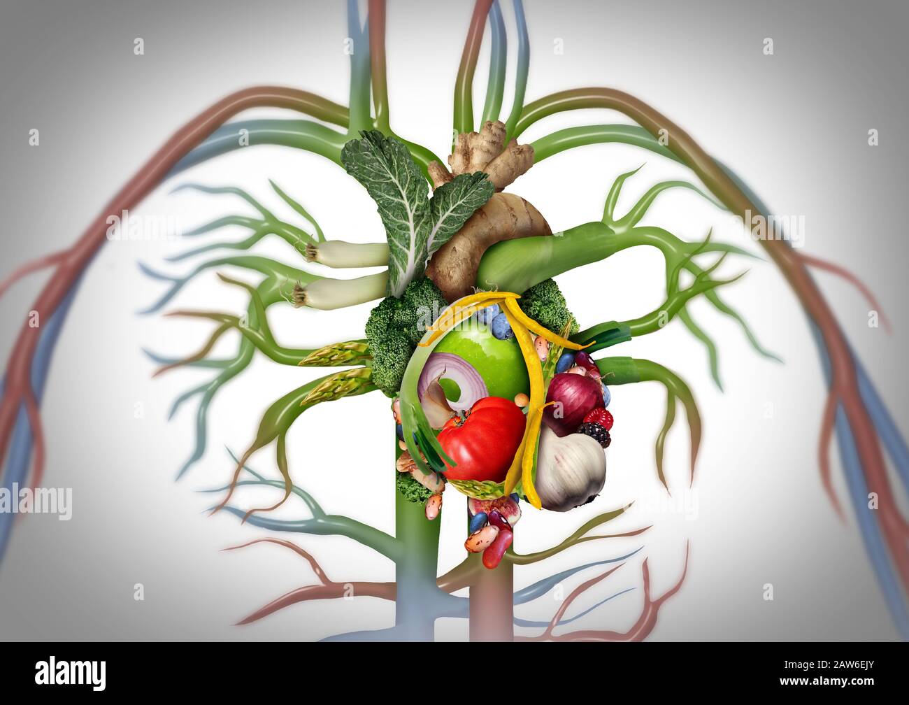 Gesunde Herznahrung als menschliches kardiovaskuläres Organ aus Früchten, Gemüse, Nüssen und Bohnen als medizinisches Gesundheitssymbol für eine innere Koronaraffäre. Stockfoto