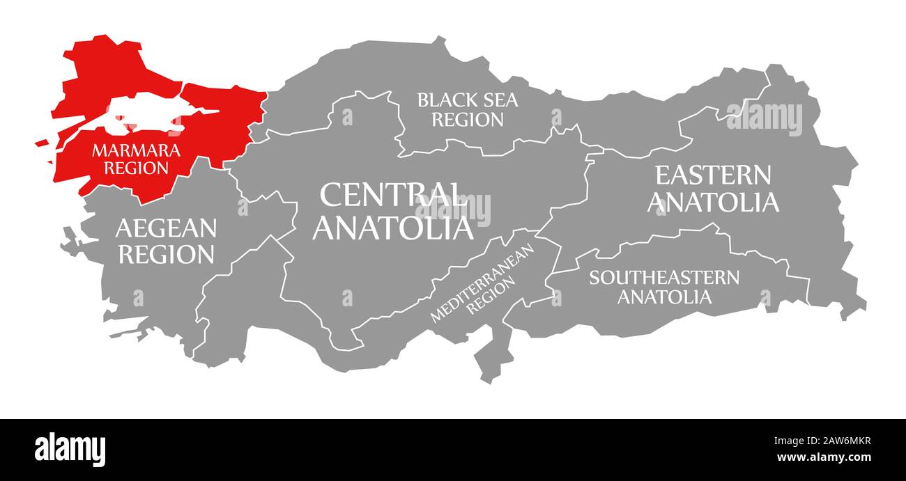 Marmara-Region rot markiert in der Karte der Türkei Stockfoto
