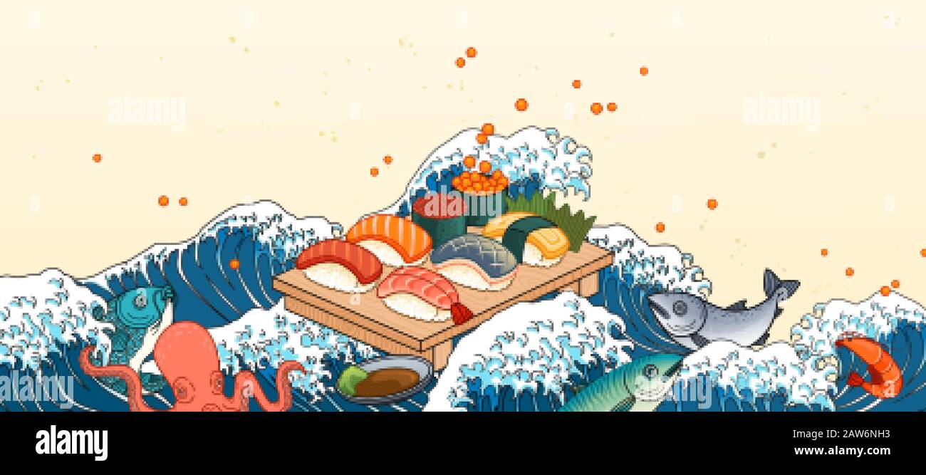 Sashimi auf gigantischen Wellenfluten Hintergrund im ukiyo-e-Stil Stock Vektor
