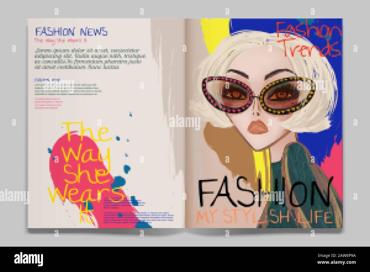 Modeartikel-Illustration mit moderner blonder Frau, die Sonnenbrille trägt Stock Vektor