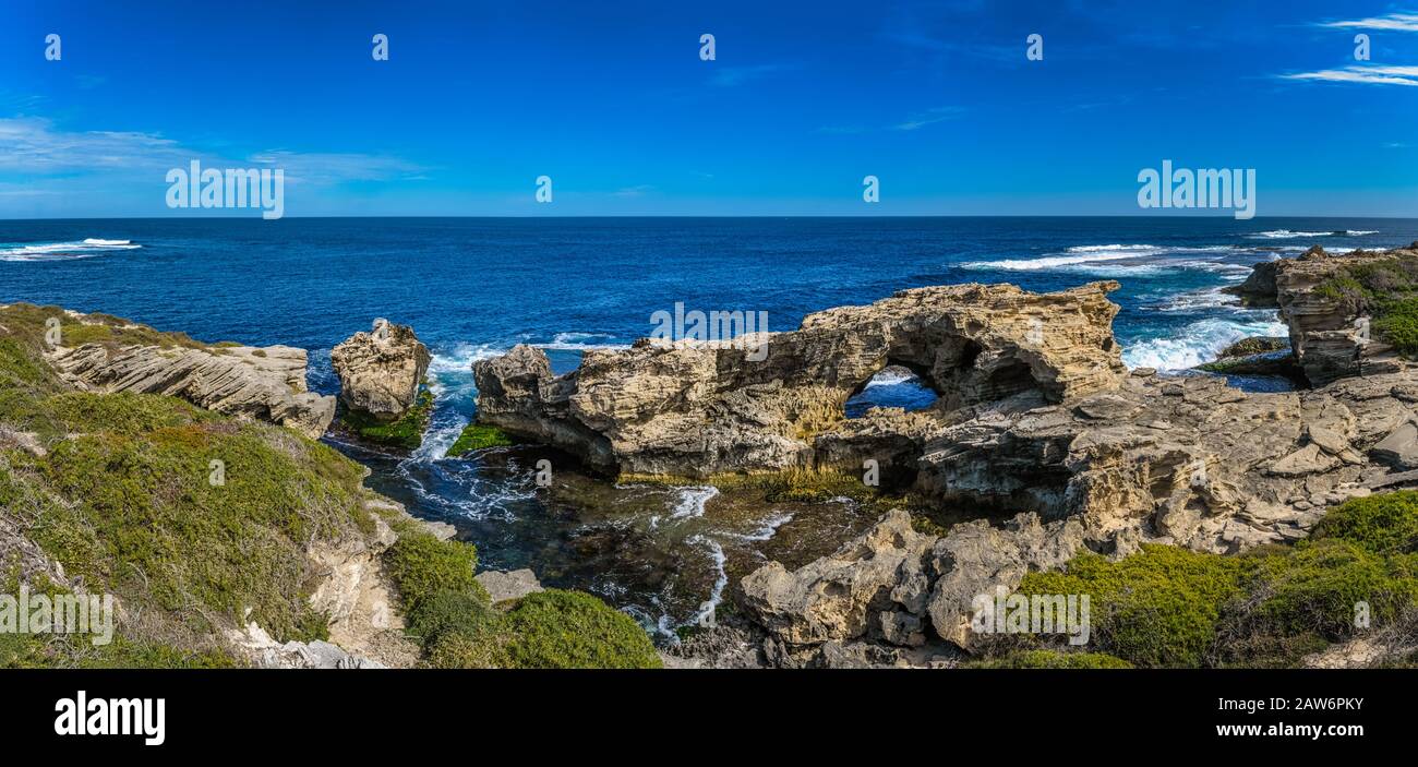 Der Südpolarmeer stürzt auf die Felsenkuppe der Rottenst-Insel und schafft Felsenbögen und Klippenhöhlen. Stockfoto