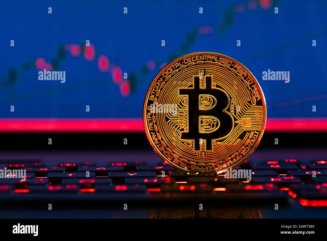 Bitcoins und das neue virtuelle Geldkonzept. Goldene Bitcoins auf dem Notizbuch mit Stock-Grafik und digitalem Hintergrund. Stockfoto