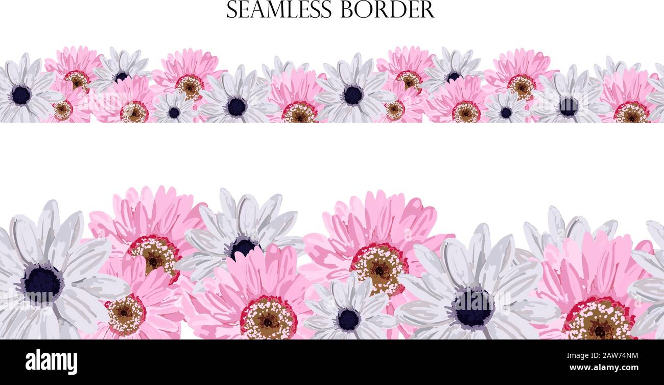 Nahtlose Blumenumrandung mit süßen, rosafarbenen Blumen. Handzeichnen auf weißem Hintergrund. Designelement für Karten, Einladungen, Hochzeiten, Grußkarten. Gerbera Stock Vektor
