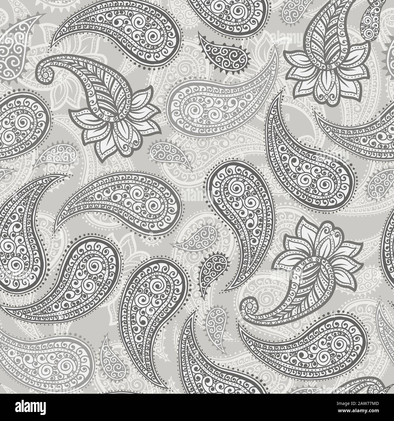 Paisley-Muster Hintergrund, Vektor nahtlose Blumenschmuck für Textil- oder Tapeten-Design. Indianisches Paisley-Muster mit Vintage-Blumen- und Blattmotiv, grau verzierte Blume, Kunstdekorationshintergrund Stock Vektor