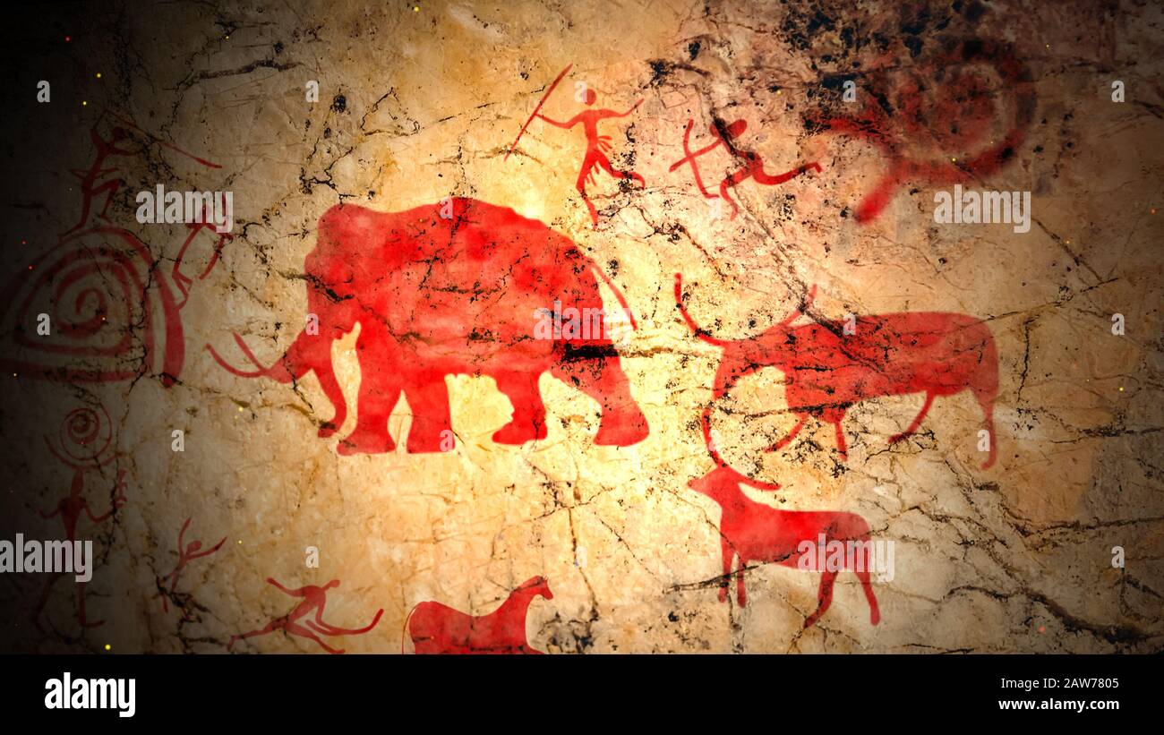 Erstaunliche 3D-Darstellung primitiver uralter Kunst auf einer braunen Höhlenoberfläche mit Menschen mit Speeren, Pfeilen und Bogen, die Elefanten, Elche und Bullen jagen. Stockfoto