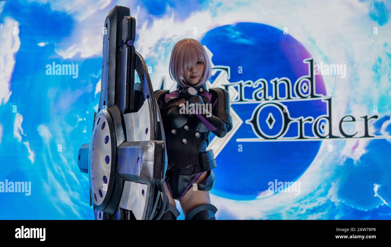 Shenzhen, China, April 2019. Matthew Kyrielite Cosplayer auf der Sony Expo 2019, auch Shielder genannt, ist der erste Diener im Fate/Grand Order und im Stockfoto