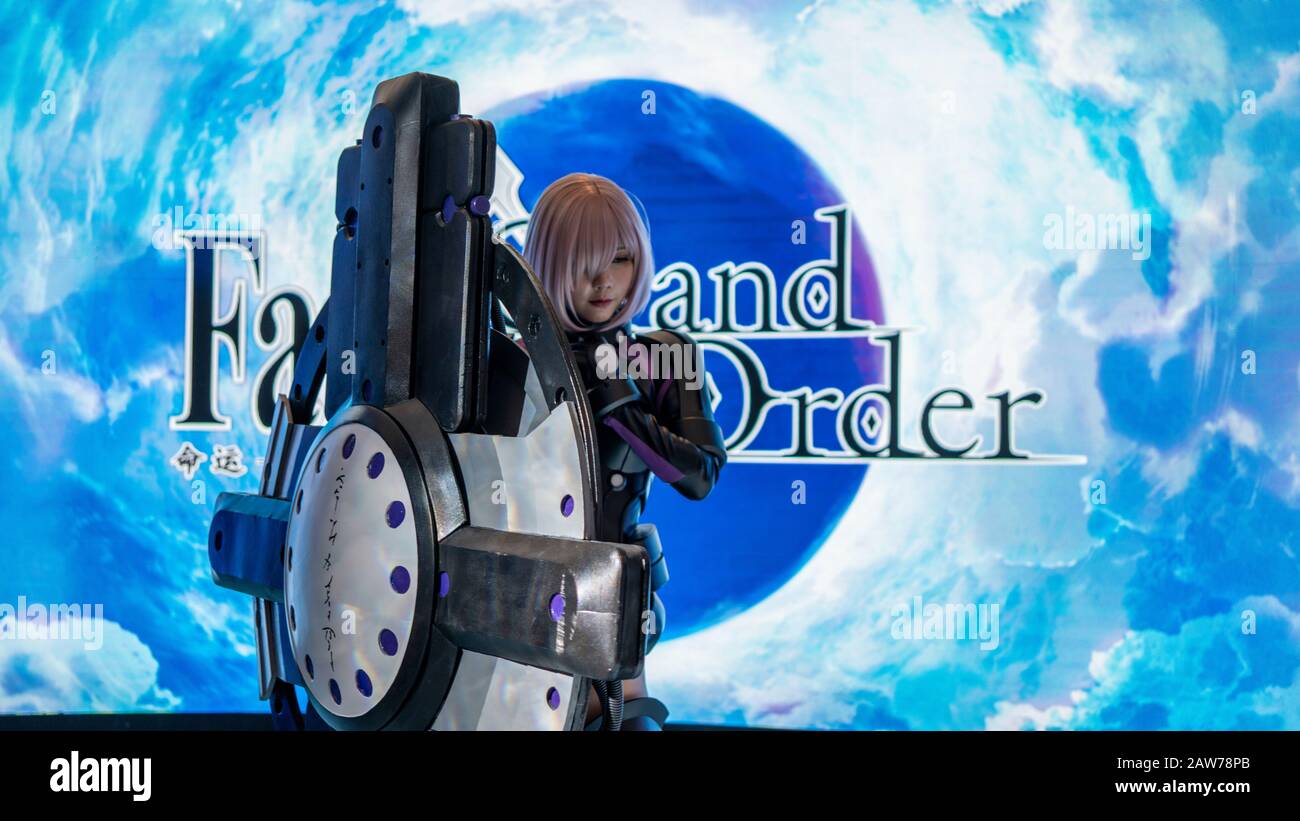 Shenzhen, China, April 2019. Matthew Kyrielite Cosplayer auf der Sony Expo 2019, auch Shielder genannt, ist der erste Diener im Fate/Grand Order und im Stockfoto