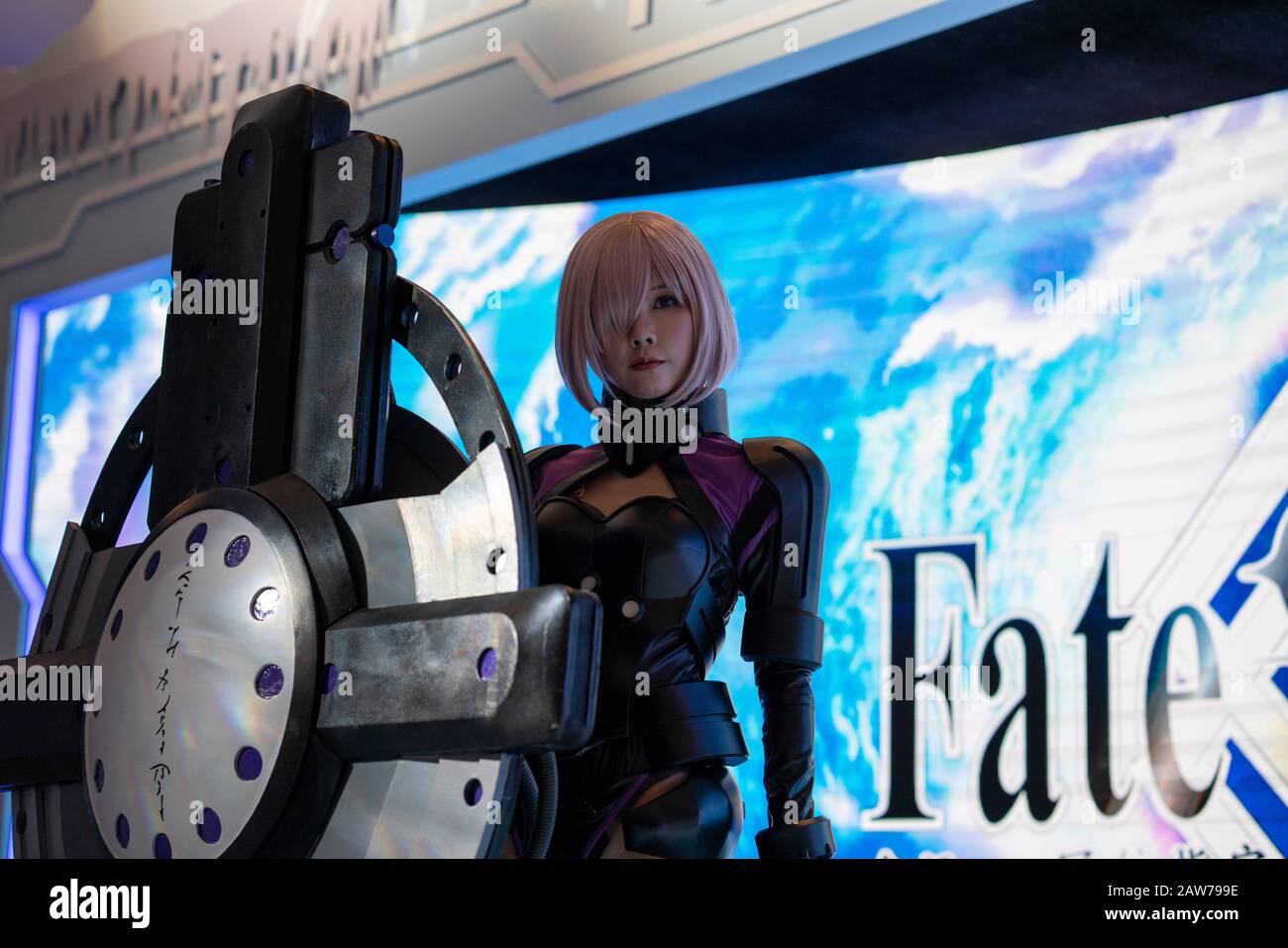 Shenzhen, China, April 2019. Matthew Kyrielite Cosplayer auf der Sony Expo 2019, auch Shielder genannt, ist der erste Diener im Fate/Grand Order und im Stockfoto