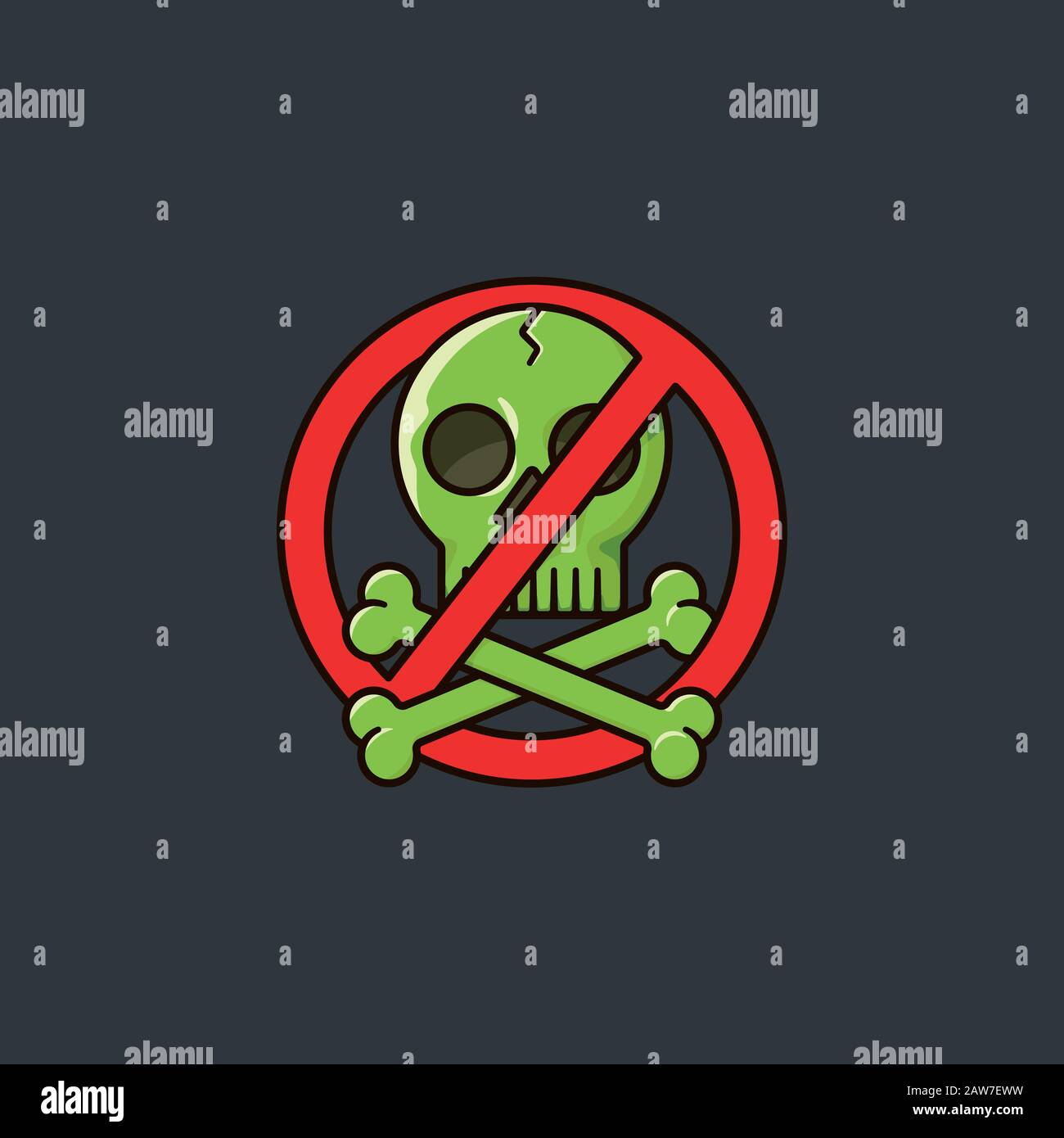 Farbvektorillustration mit Anti-Piracy-Symbol mit Schädel und gekreuzten Knochen, die mit verbotenen Zeichen.Illustration verflochten sind. Stock Vektor