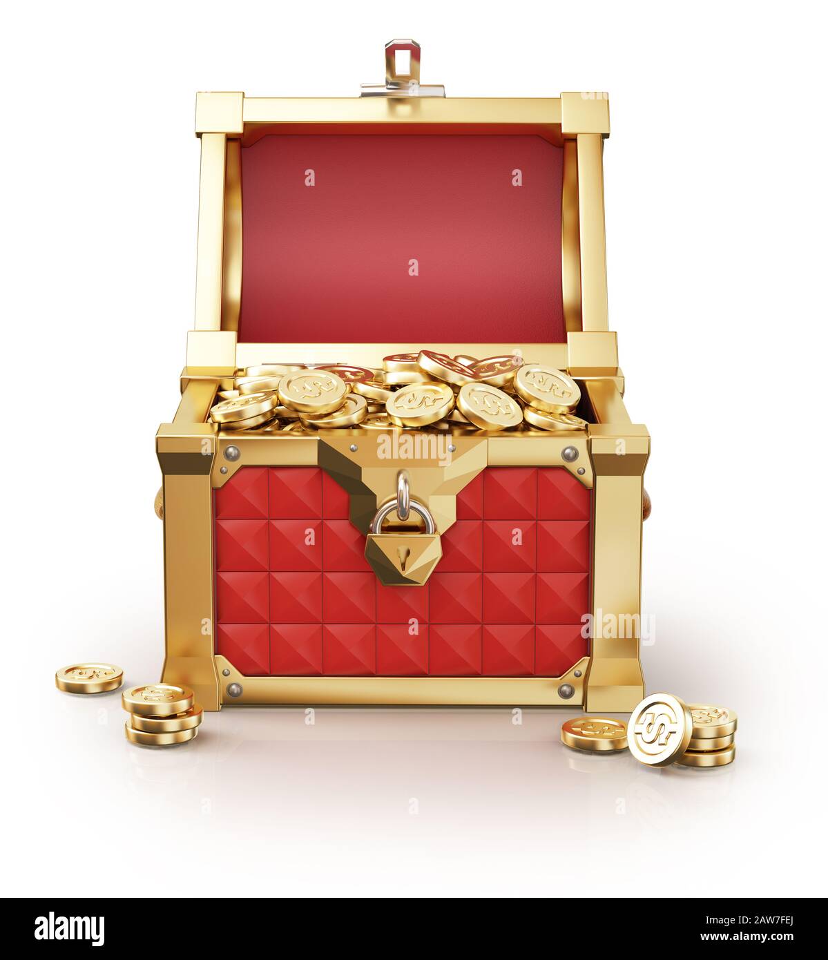 Treasure Coffer voller Goldmünzen, Vorderansicht. 3D-Darstellung auf weißem Hintergrund. Stockfoto