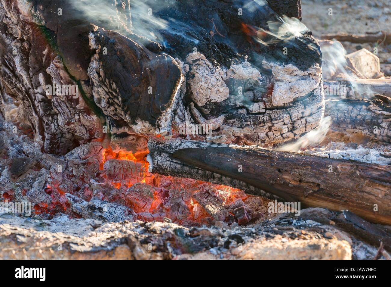 Feuerschale mit brennenden Holzstämmen und kohlrot aus Wärme. Textur, Hintergrund Stockfoto