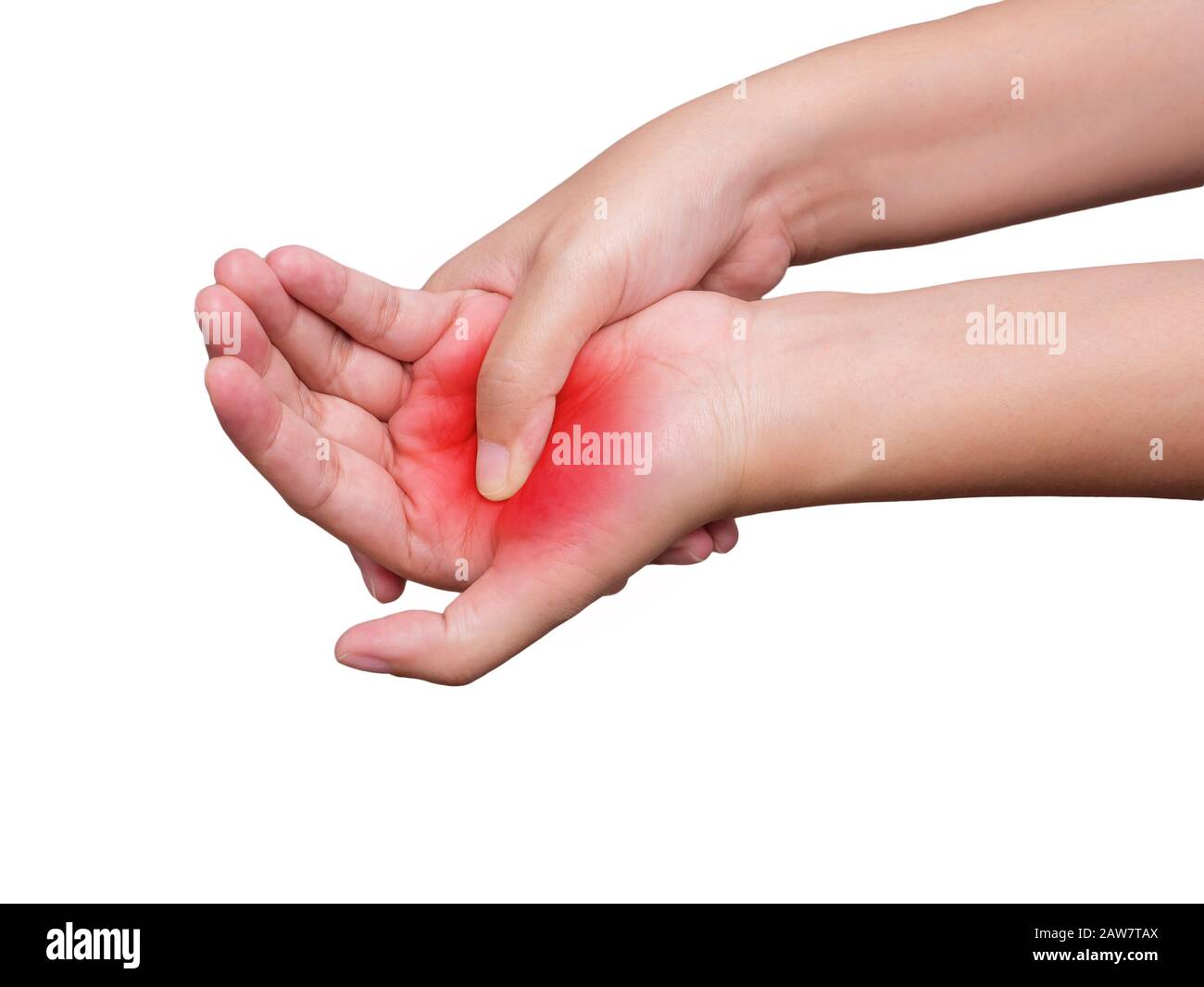 Frau mit Schmerzen in der Hand. Rote Farbmarkierung auf weißem Hintergrund isoliert. Gesundheitswesen und medizinisches Konzept, Studioshot Stockfoto